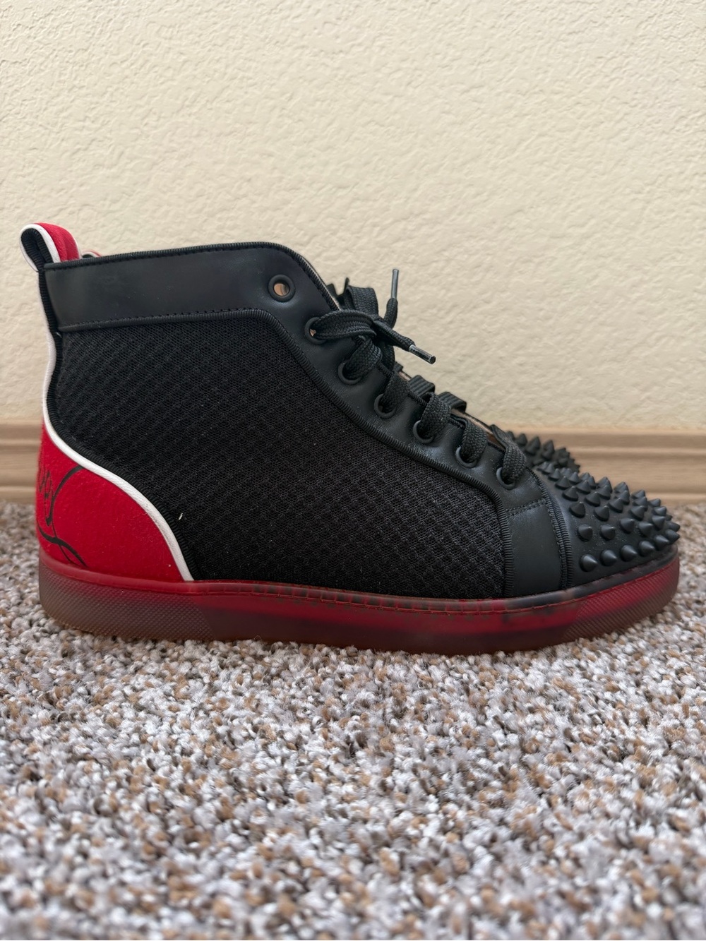 Christian Louboutin Black and Red Men's High-Top Sneakers with Studded Toe